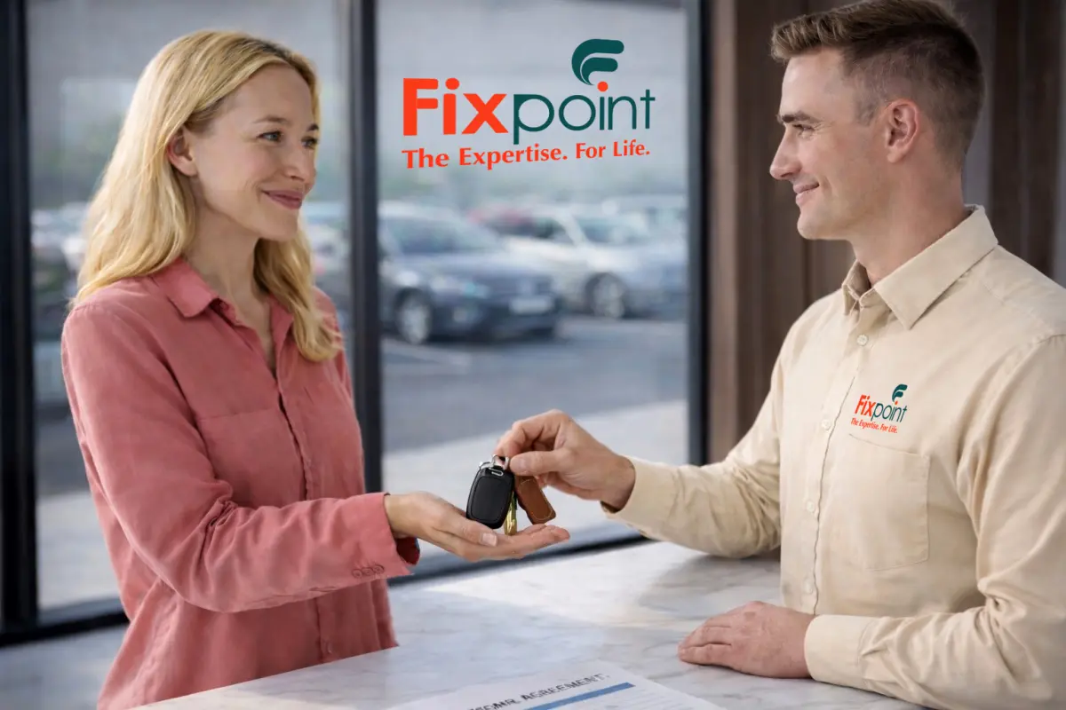 A Fixpoint advisor handing car keys back to a customer at the front desk