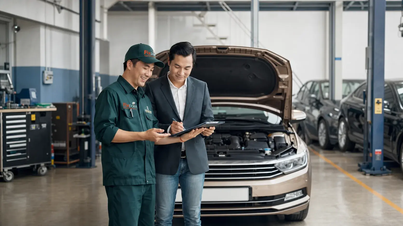A Fixpoint technician walking a customer through the repair plan